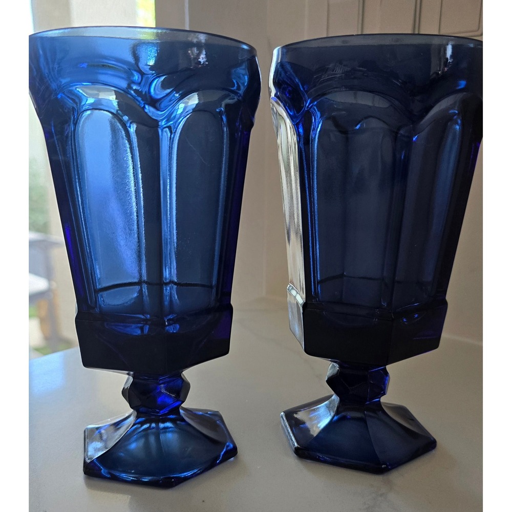 Vintage Cobalt Blue Glass Goblets Set of 2 Hexagonal Footed Paneled Glasses